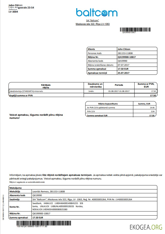 Latvia Baltcom telecommunications utility bill template in Word and PDF format (Latvian version)